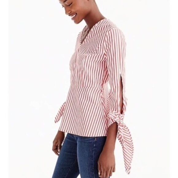 J. Crew Universal Standard Tie Sleeve Red White Stripe Blouse Top Small - Picture 2 of 4